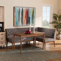 Baxton Studio BBT8051.13-GreyWalnut-3PC Dining Nook Set Baxton Studio Riordan Mid-Century Modern Grey Fabric Upholstered and Walnut Brown Finished Wood 3-Piece Dining Nook Set